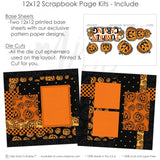 Detailed Pumpkin Carving scrapbook design featuring black star pattern, orange photo mats, jack o lantern pumpkins, stacked pumpkin faces, pumpkin carving title, orange black palette, white outlined die cuts, layered halloween papers. Designed for Jack O Lantern Scrapbook Layout, Pumpkin Carving Night Scrapbook, small gold stars, repeating pumpkin illustrations, bold black borders, orange patterned blocks, orange pumpkin pattern, black pumpkin background, orange lattice pattern.