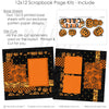 Detailed Pumpkin Carving scrapbook design featuring black star pattern, orange photo mats, jack o lantern pumpkins, stacked pumpkin faces, pumpkin carving title, orange black palette, white outlined die cuts, layered halloween papers. Designed for Jack O Lantern Scrapbook Layout, Pumpkin Carving Night Scrapbook, small gold stars, repeating pumpkin illustrations, bold black borders, orange patterned blocks, orange pumpkin pattern, black pumpkin background, orange lattice pattern.