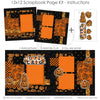 Finished Pumpkin Carving photo layout showing orange photo mats, jack o lantern pumpkins, stacked pumpkin faces, pumpkin carving title, orange black palette, white outlined die cuts, layered halloween papers, small gold stars. Designed for Pumpkin Carving Night Scrapbook, Halloween Family Scrapbook Kit, repeating pumpkin illustrations, bold black borders, orange patterned blocks, orange pumpkin pattern, black pumpkin background, orange lattice pattern, black star pattern.