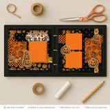 Pumpkin Carving scrapbook page kit artwork with jack o lantern pumpkins, stacked pumpkin faces, pumpkin carving title, orange black palette, white outlined die cuts, layered halloween papers, small gold stars, repeating pumpkin illustrations. Designed for Halloween Family Scrapbook Kit, Pumpkin Patch Scrapbook Pages, bold black borders, orange patterned blocks, orange pumpkin pattern, black pumpkin background, orange lattice pattern, black star pattern, orange photo mats.