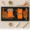 Pumpkin Carving scrapbook page kit artwork with jack o lantern pumpkins, stacked pumpkin faces, pumpkin carving title, orange black palette, white outlined die cuts, layered halloween papers, small gold stars, repeating pumpkin illustrations. Designed for Halloween Family Scrapbook Kit, Pumpkin Patch Scrapbook Pages, bold black borders, orange patterned blocks, orange pumpkin pattern, black pumpkin background, orange lattice pattern, black star pattern, orange photo mats.