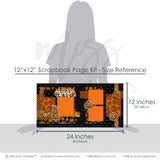 Coordinating Pumpkin Carving papers and die cuts featuring stacked pumpkin faces, pumpkin carving title, orange black palette, white outlined die cuts, layered halloween papers, small gold stars, repeating pumpkin illustrations, bold black borders. Designed for Pumpkin Patch Scrapbook Pages, October Pumpkin Scrapbook Layout, orange patterned blocks, orange pumpkin pattern, black pumpkin background, orange lattice pattern, black star pattern, orange photo mats, jack o lantern pumpkins.