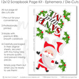 Santa And Me scrapbook die cuts and ephemera sheet featuring green plaid pattern, holly berry pattern, multicolor snowflake pattern, cartoon Santa, Santa hat, and holly leaves. Coordinating paper embellishments for Santa memories and favorite photos.