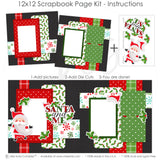 Santa And Me 12x12 scrapbook page kit instruction image showing the completed two-page layout and placement of coordinating papers, die cuts, and photo areas. Designed for Santa memories and favorite photos.