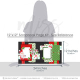 Santa And Me 12x12 scrapbook page kit size reference image showing the scale of the coordinated two-page layout, printed papers, and embellishments for Santa memories and favorite photos.
