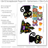 This Scaredy Cat kit features — scrapbook supplies, halloween scrapbook, haunted house scrapbook, acid-free double-sided scrapbook supplies, handmade elements for DIY photo albums, coordinated background patterns and journaling spots, spooky scrapbook, precut designs for memory journaling, halloween crafts, cute scrapbook, scrapbook page kit, layered die cut titles for themed layouts, seasonal scrapbook page kits and die cuts, black cat scrapbook
