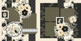 Two-page Sisters scrapbook layout featuring black floral paper, cream floral paper, olive green photo mats, taupe polka dots, black lattice pattern, cream dotted background, black leafy pattern, cream rose clusters. Designed for Sister Memories, Sisters Scrapbook Page Kit, black flower clusters, olive green leaves, sisters title die cut, bird postage stamp, floral postage stamp, cream butterfly, black butterfly, decorative lace border, large floral clusters, vintage bird frame.