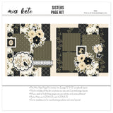 Sisters 12x12 scrapbook page kit shown with cream floral paper, olive green photo mats, taupe polka dots, black lattice pattern, cream dotted background, black leafy pattern, cream rose clusters, black flower clusters. Designed for Sisters Scrapbook Page Kit, Sister Memories Scrapbook Layout, olive green leaves, sisters title die cut, bird postage stamp, floral postage stamp, cream butterfly, black butterfly, decorative lace border, large floral clusters, vintage bird frame, black floral paper.