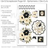 Coordinated Sisters memory-keeping layout with olive green photo mats, taupe polka dots, black lattice pattern, cream dotted background, black leafy pattern, cream rose clusters, black flower clusters, olive green leaves. Designed for Sister Memories Scrapbook Layout, Sisters Photo Scrapbook Pages, sisters title die cut, bird postage stamp, floral postage stamp, cream butterfly, black butterfly, decorative lace border, large floral clusters, vintage bird frame, black floral paper.