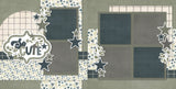Two-page So Cute Green scrapbook layout featuring sage green background, dark teal accents, cream plaid pattern, small blue floral pattern, gray polka dots, dark plaid strips, olive green stars, dark teal stars. Designed for Adorable Memories, Cute Scrapbook Page Kit, leafy branch accents, layered star clusters, so cute title, mixed typography title, arched plaid panel, floral paper blocks, white outlined die cuts.