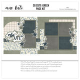 So Cute Green 12x12 scrapbook page kit shown with dark teal accents, cream plaid pattern, small blue floral pattern, gray polka dots, dark plaid strips, olive green stars, dark teal stars, leafy branch accents. Designed for Cute Scrapbook Page Kit, Adorable Memories Scrapbook Kit, layered star clusters, so cute title, mixed typography title, arched plaid panel, floral paper blocks, white outlined die cuts, sage green background.