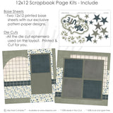 Detailed So Cute Green scrapbook design featuring small blue floral pattern, gray polka dots, dark plaid strips, olive green stars, dark teal stars, leafy branch accents, layered star clusters, so cute title. Designed for Everyday Memories Scrapbook Pages, Green Scrapbook Page Kit, mixed typography title, arched plaid panel, floral paper blocks, white outlined die cuts, sage green background, dark teal accents, cream plaid pattern.