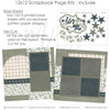 Detailed So Cute Green scrapbook design featuring small blue floral pattern, gray polka dots, dark plaid strips, olive green stars, dark teal stars, leafy branch accents, layered star clusters, so cute title. Designed for Everyday Memories Scrapbook Pages, Green Scrapbook Page Kit, mixed typography title, arched plaid panel, floral paper blocks, white outlined die cuts, sage green background, dark teal accents, cream plaid pattern.