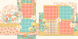 Two-page So Cutepink scrapbook layout featuring coral plaid paper, teal plaid paper, multicolor plaid pattern, cream floral silhouette pattern, teal floral paper, yellow tiny flower pattern, peach mini floral pattern, tiny multicolor dots. Designed for Sweet Everyday Moments, Floral Scrapbook Page Kit, white daisies with yellow centers, yellow tulip flowers, green leafy stems, coral teal yellow flower clusters, So Cute title die cut, scalloped floral label, layered flower embellishments.