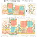 Finished So Cutepink photo layout showing teal floral paper, yellow tiny flower pattern, peach mini floral pattern, tiny multicolor dots, white daisies with yellow centers, yellow tulip flowers, green leafy stems, coral teal yellow flower clusters. Designed for Pastel Scrapbook Paper Kit, Pink Floral Scrapbook Kit, So Cute title die cut, scalloped floral label, layered flower embellishments, coral teal yellow palette, cream background paper, floral border strips, coral plaid paper.