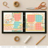 So Cutepink scrapbook page kit artwork with yellow tiny flower pattern, peach mini floral pattern, tiny multicolor dots, white daisies with yellow centers, yellow tulip flowers, green leafy stems, coral teal yellow flower clusters, So Cute title die cut. Designed for Pink Floral Scrapbook Kit, Feminine Scrapbook Layout Kit, scalloped floral label, layered flower embellishments, coral teal yellow palette, cream background paper, floral border strips, coral plaid paper, teal plaid paper.