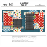So Handsome 12x12 scrapbook page kit cover featuring blue star pattern, multicolor polka dots, multicolor plaid, charcoal gray plaid, cream star pattern, and red gingham circle. A coordinated premade layout for boyhood memories and favorite photos.