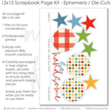 So Handsome scrapbook die cuts and ephemera sheet featuring multicolor plaid, charcoal gray plaid, cream star pattern, red gingham circle, polka dot circles, and blue stars. Coordinating paper embellishments for boyhood memories and favorite photos.