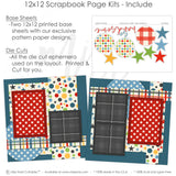 So Handsome scrapbook page kit includes two coordinated 12x12 printed base sheets with matching die cuts and embellishments. Designed for boyhood memories and favorite photos.