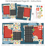 So Handsome 12x12 scrapbook page kit instruction image showing the completed two-page layout and placement of coordinating papers, die cuts, and photo areas. Designed for boyhood memories and favorite photos.