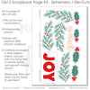 So Much Joy scrapbook die cuts and ephemera sheet featuring red decorative border, mistletoe branch pattern, teal leafy branches, red berry clusters, green holly leaves, and red holly berries. Coordinating paper embellishments for Christmas memories and favorite photos.