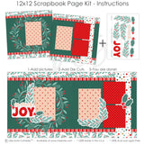 So Much Joy 12x12 scrapbook page kit instruction image showing the completed two-page layout and placement of coordinating papers, die cuts, and photo areas. Designed for Christmas memories and favorite photos.