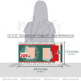 So Much Joy 12x12 scrapbook page kit size reference image showing the scale of the coordinated two-page layout, printed papers, and embellishments for Christmas memories and favorite photos.