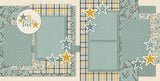 Two-page So Much Love Blue 12x12 scrapbook layout featuring soft cream background, dusty blue floral pattern, sage blue polka dots, gray mustard plaid, small white daisy pattern, and cream daisy pattern. Designed for love memories and favorite photos.