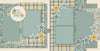 Two-page So Much Love Blue 12x12 scrapbook layout featuring soft cream background, dusty blue floral pattern, sage blue polka dots, gray mustard plaid, small white daisy pattern, and cream daisy pattern. Designed for love memories and favorite photos.
