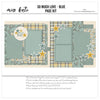 So Much Love Blue 12x12 scrapbook page kit cover featuring sage blue polka dots, gray mustard plaid, small white daisy pattern, cream daisy pattern, narrow blue stripe pattern, and dusty blue photo mats. A coordinated premade layout for love memories and favorite photos.