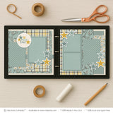 So Much Love Blue scrapbook page kit shown in a memory album binder mockup with the finished two-page layout. A coordinated way to preserve love memories and favorite photos.