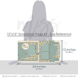 So Much Love Blue 12x12 scrapbook page kit size reference image showing the scale of the coordinated two-page layout, printed papers, and embellishments for love memories and favorite photos.