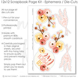 So Much Love Pink scrapbook die cuts and ephemera sheet featuring cream botanical pattern, soft pink striped paper, coral photo mats, blush photo mats, watercolor flower clusters, and yellow flowers. Coordinating paper embellishments for love memories and favorite photos.