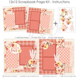 So Much Love Pink 12x12 scrapbook page kit instruction image showing the completed two-page layout and placement of coordinating papers, die cuts, and photo areas. Designed for love memories and favorite photos.