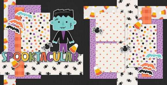 Spooktacular scrapbook page kit — ready-to-glue title banners and photo frames, candy corn scrapbook, coordinated background patterns and journaling spots, monster scrapbook, layered die cut titles for themed layouts, halloween crafts, 12x12 scrapbook kit, spooky scrapbook, scrapbooking ephemera and cardstock cutouts, scrapbook craft kit, halloween scrapbook, scrapbook paper kit, handmade elements for DIY photo albums, frankenstein scrapbook, cute scrapbook
