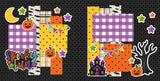 Two-page Spooky Fun 12x12 scrapbook layout featuring black star pattern, purple gingham, yellow polka dots, orange polka dots, multicolor plaid, and black bat pattern. Designed for Halloween memories and favorite photos.