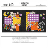 Spooky Fun 12x12 scrapbook page kit cover featuring yellow polka dots, orange polka dots, multicolor plaid, black bat pattern, orange jack o lantern pumpkins, and purple haunted house. A coordinated premade layout for Halloween memories and favorite photos.