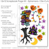 Spooky Fun scrapbook die cuts and ephemera sheet featuring multicolor plaid, black bat pattern, orange jack o lantern pumpkins, purple haunted house, black spooky tree, and yellow crescent moon. Coordinating paper embellishments for Halloween memories and favorite photos.
