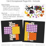 Spooky Fun scrapbook page kit includes two coordinated 12x12 printed base sheets with matching die cuts and embellishments. Designed for Halloween memories and favorite photos.
