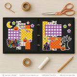 Spooky Fun scrapbook page kit shown in a memory album binder mockup with the finished two-page layout. A coordinated way to preserve Halloween memories and favorite photos.