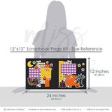Spooky Fun 12x12 scrapbook page kit size reference image showing the scale of the coordinated two-page layout, printed papers, and embellishments for Halloween memories and favorite photos.