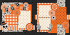 Two-page Spooky Fun 12x12 scrapbook layout featuring black floral background, orange, black plaid, orange gingham pattern, cream black floral pattern, and orange polka dots. Designed for Halloween memories and favorite photos.