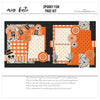 Spooky Fun 12x12 scrapbook page kit cover featuring black plaid, orange gingham pattern, cream black floral pattern, orange polka dots, cream polka dots, and black orange striped paper. A coordinated premade layout for Halloween memories and favorite photos.