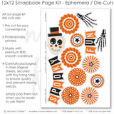 Spooky Fun scrapbook die cuts and ephemera sheet featuring cream black floral pattern, orange polka dots, cream polka dots, black orange striped paper, orange photo mats, and cream photo mats. Coordinating paper embellishments for Halloween memories and favorite photos.