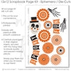 Spooky Fun scrapbook die cuts and ephemera sheet featuring cream black floral pattern, orange polka dots, cream polka dots, black orange striped paper, orange photo mats, and cream photo mats. Coordinating paper embellishments for Halloween memories and favorite photos.