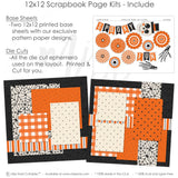 Spooky Fun scrapbook page kit includes two coordinated 12x12 printed base sheets with matching die cuts and embellishments. Designed for Halloween memories and favorite photos.