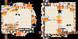 Two-page Spooky Good Times 12x12 scrapbook layout featuring black background, orange polka dots, cream dotted pattern, orange black plaid, black orange stripes, and candy corn pattern. Designed for Halloween memories and favorite photos.
