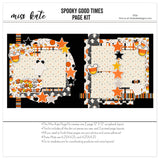Spooky Good Times 12x12 scrapbook page kit cover featuring cream dotted pattern, orange black plaid, black orange stripes, candy corn pattern, white ghost pattern, and orange stars. A coordinated premade layout for Halloween memories and favorite photos.