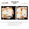 Spooky Good Times 12x12 scrapbook page kit cover featuring cream dotted pattern, orange black plaid, black orange stripes, candy corn pattern, white ghost pattern, and orange stars. A coordinated premade layout for Halloween memories and favorite photos.