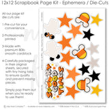Spooky Good Times scrapbook die cuts and ephemera sheet featuring black orange stripes, candy corn pattern, white ghost pattern, orange stars, black stars, and yellow stars. Coordinating paper embellishments for Halloween memories and favorite photos.